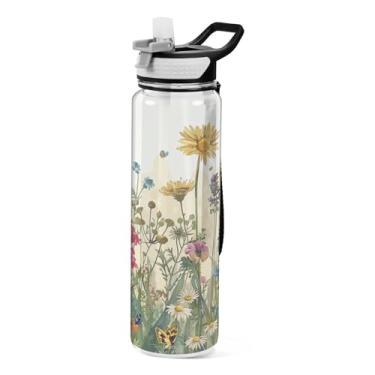 Imagem de ATTX Garrafa de água Wildflowers Field, 947 g, à prova de vazamento e livre de BPA, garrafas de água reutilizáveis de plástico Tritan para viagens, academia, corrida, fitness #346