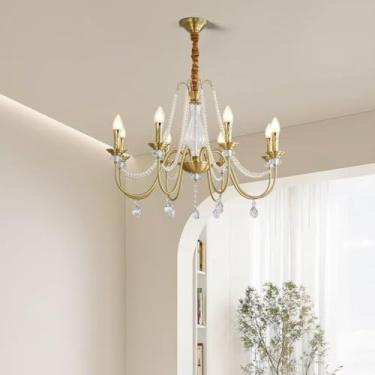 Imagem de Lustre de luxo em cobre e cristal - Luminária pendente moderna e minimalista em estilo francês para sala de estar, quarto e sala de jantar (6 lâmpadas)