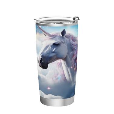 Imagem de Blueangle Copo de 590 ml com tampa e canudo, copo de café com água isolada a vácuo de aço inoxidável, caneca de viagem de cavalo branco, copo térmico para bebidas quentes e frias (494)