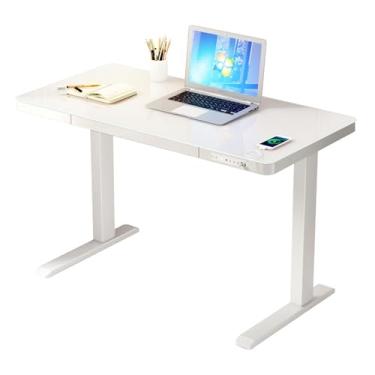 Imagem de Mesa de trabalho em pé ajustável com altura elétrica, ajustável para sentar para ficar em pé, estação de trabalho de computador em pé com vidro temperado, mesa de computador inteligente inteligente