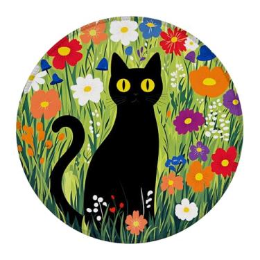 Imagem de Tapete de mouse redondo, gato preto no jardim, tapete de mesa pequeno, tapete de mouse para jogos com base antiderrapante e borda costurada, tapete de mouse para teclado de computador pequeno para