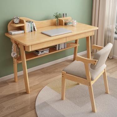 Imagem de Yadlan Mesa de estudo pequena para quarto de 76 a 81 cm, mesa infantil com gavetas e prateleiras de armazenamento, mesa de estudo espaçosa de madeira maciça para crianças de 6 a 12 anos, com orifício