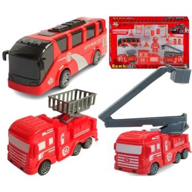 Imagem de Kit Bombeiro Ônibus e Caminhões Fricção 13 Itens Brinquedo - Toy King,