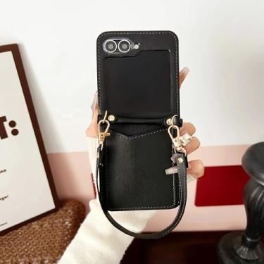 Imagem de Capa de luxo para celular Samsung Galaxy Z Flip 3 4 5 6 5g Flip6 com compartimentos para cartões e alça de mão (Preta)