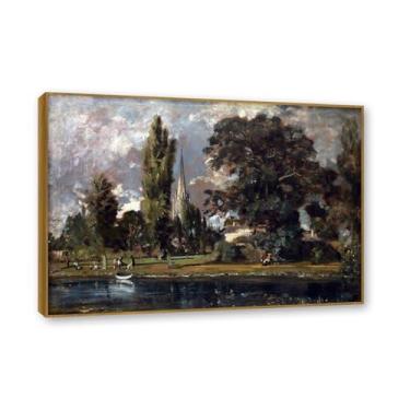 Imagem de NHLDZYH Moldura de teca. Arte em tela emoldurada estilo Constable (sem título 38), impressões de parede de paisagem inglesa, decoração de parede com tema de natureza para quarto ou escritório. 70 x 98