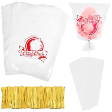 Imagem de Abbylike Conjunto de 50 conjuntos de 50 cones e sacos de algodão doce DIY cones brancos e sacos plásticos transparentes de 45 x 30 cm para suprimentos de festa de aniversário de carnaval (clássico)