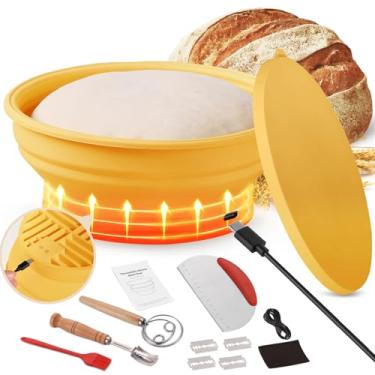 Imagem de Yacumx Conjunto de cesta de aquecimento à prova de pão, tigela de silicone termostática elétrica, suprimentos para assar pão de fermento Banneton, tigela redonda dobrável de 23 cm, limão