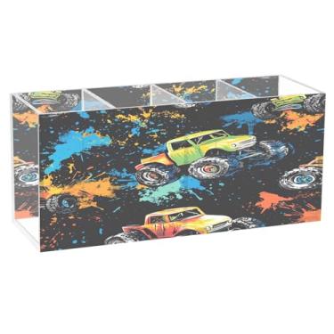Imagem de CEBUGI Porta-lápis de acrílico transparente com 4 compartimentos, organizador de pincéis de maquiagem Monster Trucks para armazenamento em mesa de escritório em casa