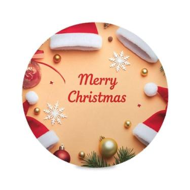 Imagem de Wassud Jogo americano de Natal chapéus de Papai Noel tapetes de mesa redondos para cozinha e jantar tapetes laváveis resistentes ao calor decoração de mesa 39 cm