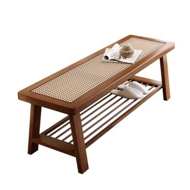 Imagem de Banco de sapatos de vime, banco de entrada com almofada de assento e estrutura de metal, banco de armazenamento de madeira com prateleira, banco de canto para corredor, quarto, armário, sala de estar