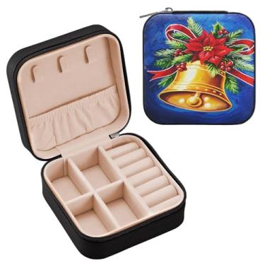 Imagem de Wassud Sinos de Natal dourados estojo de joias de viagem para mulheres meninas senhoras noiva mini organizador de joias de couro PU, caixa quadrada de armazenamento de joias para brincos, anéis, colar