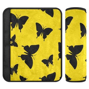 Imagem de Burbuja Capa de cinto de segurança de carro borboleta preta em amarelo protetor de cinto de segurança de carro macio confortável para alça de ombro de assento, 1 par pequeno