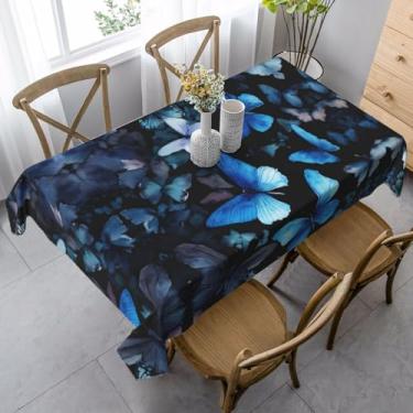 Imagem de ZTPOWQA Toalha de mesa de jantar com estampa de borboletas azuis e flores brancas, 99 x 139 cm, retangular, impermeável, reutilizável, festa de jantar