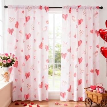 Imagem de youleyar Cortinas de Dia dos Namorados para sala de estar, 246 cm de comprimento, coração vermelho, estampa rosa, cortinas de janela com bolso para varão, decorações para quarto, sala de jantar, 132