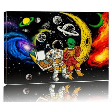Imagem de Arte de parede galáxia espacial 40,6 x 60,8 cm Astronauta Alienígena Pizza Party Impressão em tela preta planetas lua cósmica decoração de casa quarto infantil fantasia pintura quarto menino