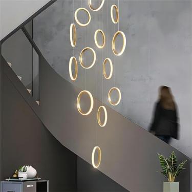 Imagem de Lustre moderno grande para escada, luminária pendente com 15 lâmpadas LED, anel de alumínio dourado criativo, luminária de escada para hall de entrada de casa, luminária embutida para teto a