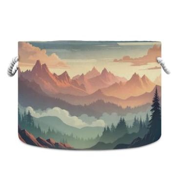 Imagem de JUZIHAI Cesta de armazenamento dobrável para paisagem de montanhas, cesto de roupa suja para bebê, cobertor com alças de corda de algodão, caixa organizadora de armário dobrável para quarto, berçário