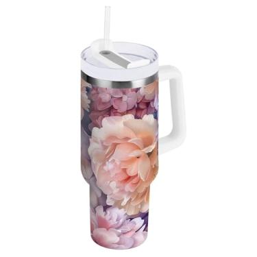 Imagem de Copo isolado de flores de peônia pastel de 850 g com canudo e alça, copos de aço inoxidável isolados com tampa 2 em 1