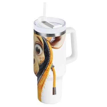 Imagem de ODAWA Copo isolado de aço inoxidável grande com alça e canudo, copo de café de viagem girafa de desenho animado