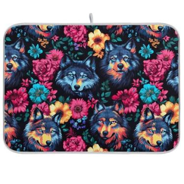 Imagem de Tapete de secagem de pratos floral Wild Wolf 45,7 cm x 61 cm de microfibra para café, escorredor de pratos de secagem rápida, protetor de bancada de cozinha