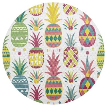 Imagem de Conjunto de 1 tapete de mesa colorido de abacaxi, lavável de 38 cm, jogo americano redondo de PVC, para mesa de jantar, mesa de cozinha