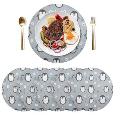 Imagem de Jogo americano de mesa com flores de pinguim azul, 38 cm, jogo americano de cozinha de PVC, conjunto de 6 jogos americanos para mesa resistentes ao calor