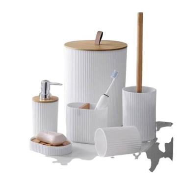 Imagem de Kit Acessórios de Banheiro 6 Peças, Plástico e Bambu, Branco Preto e Cinza, Conjunto com 2 Kits, Porta Escova, Saboneteira, Dispenser Sabonete Líquido, Lixeira, Copo, Escova Sanitária