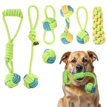 Imagem de DSUMD Pacote com 7 brinquedos de corda para cães, brinquedos interativos para mastigar resistentes para cães pequenos e médios, limpar os dentes e aliviar o tédio, cabo de guerra, mastigadores