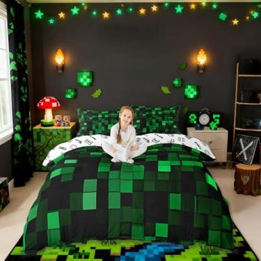 Imagem de Pixelated Miners Gamer Conjunto de capa de edredom infantil, tamanho casal, geométrico, videogame, meninas, meninos, decoração de quarto, gamepad camuflado, capa de colcha verde preta, 2 fronhas (sem