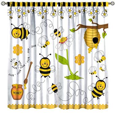 Imagem de Cortinas de abelha mel, abelhas esvoaçantes margaridas mel pólen primavera estampa animal, sala de estar, cozinha, café, cortinas, conjunto de 2 painéis, 182 x 160 cm, amarelo e branco