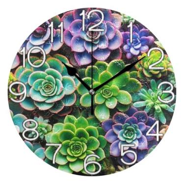 Imagem de GAIGEO Relógio de parede analógico decorativo para sala de aula, escritório, silencioso, decoração de parede vintage, sala de estar, planta suculenta colorida, 25 cm, ponteiros pretos