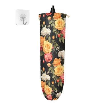 Imagem de Porta-sacos plásticos de flores coloridas de rosas laranja e amarelas, dispensador de sacolas de supermercado, organizador de armazenamento de cozinha