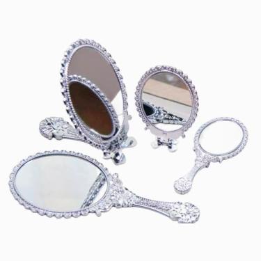 Imagem de Espelho de Mão Princesa para Maquiagem, Decoração Vintage Provençal Dourado Prata, para Festa - Lembrancinha, Presente, Decoração de Quarto ou Mesa, 20x9 cm(Prata,2)