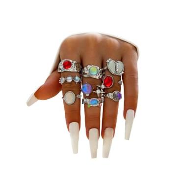 Imagem de Uarein Conjunto de anéis de cristal colorido banhado a ouro para mulheres, anel de dedo ajustável de resina com strass de coração aberto, acessórios de joias de festa punk, presentes, Large, Zinco