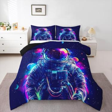 Imagem de Castle Fairy Conjunto de edredom tamanho king, astronauta, tema espacial, 3 peças, neon colorido, estrela, planeta, edredom acolchoado para decoração de quarto de crianças, meninos, adolescentes