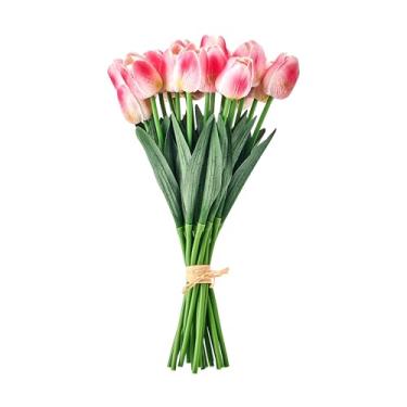 Imagem de Mikasa Flores artificiais de tulipas falsas, hastes de tulipa rosa com vegetação, conjunto de 20 flores de seda de plástico realistas, buquê de tulipas falsas para vaso de decoração de casa, arranjo
