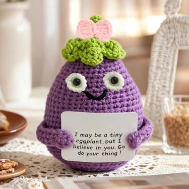 Imagem de Sobremesa artística de crochê positiva – decoração fofa de berinjela, kits de crochê feitos à mão, festival, aniversário, Natal, presentes para mulheres ou homens