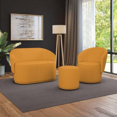 Imagem de Sofá Namoradeira Com Poltrona E Puff Orgânico Sala Malu Bouclê Mostarda M11 - D`rossi