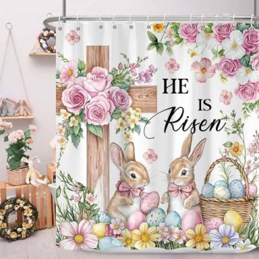 Imagem de Jipusai Cortina de chuveiro primavera Páscoa He is Risen, lindo coelho flores ovo cruz cortina de chuveiro para banheiro, Jesus Ressurreição Cruz sazonal decoração feriado cortinas de banheira