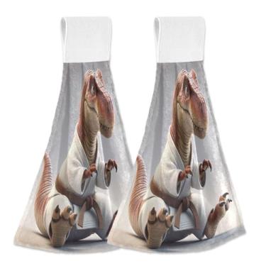 Imagem de Joitme Conjunto de 2 toalhas de mão penduradas engraçadas de karatê de dinossauro, toalhas de lã coral macias e absorventes para cozinha, banheiro, forno, com laço mágico para pendurar facilmente