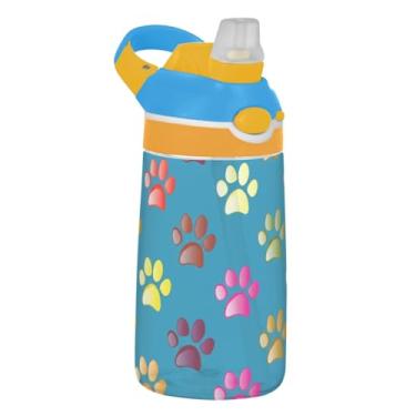 Imagem de Garrafa de água esportiva Tritan infantil de 473 ml com tampa de palha, garrafa de água portátil de 473 ml, copo infantil reutilizável à prova de vazamento, alça de transporte, estampas coloridas de