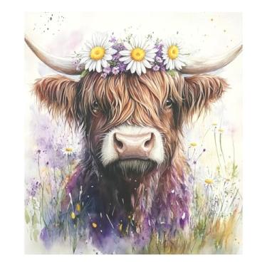 Imagem de CEBUGI Capa de ímã de lava-louças Highland Cow Daisy Flower decorativa para lava-louças 58 x 66 cm decalque de painel de geladeira para decoração de cozinha doméstica