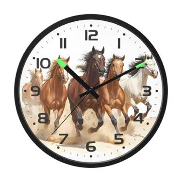 Imagem de SEHANY Relógio de parede artístico majestoso cavalos silencioso, sem tique-taque, relógio redondo operado por bateria, controle de som, luz noturna, relógios de parede para sala de estar, cozinha
