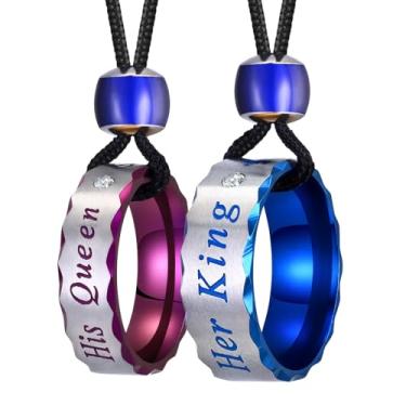 Imagem de UTHOSMDO Colares para casais His Queen Her King para o Dia dos Namorados, contas de humor que mudam de cor, anéis de aço inoxidável azul e rosa, conjunto de colar de corda de nylon ajustável, 80cm