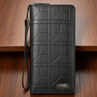 Imagem de Carteira masculina, carteira longa de couro em relevo com zíper único, vários compartimentos para cartão de crédito e grande capacidade, design seguro casual com bolso para telefone (preto)