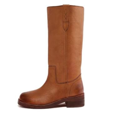 Imagem de KISSASA Botas de cano alto femininas bico grosso bloco grosso salto baixo botas de moto vintage pull on botas longas retrô sapatos campus, Vintagebrown, 40