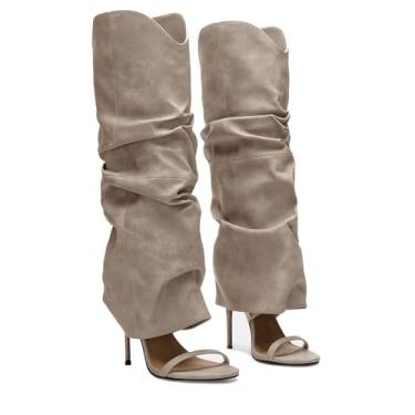 Imagem de MAIJED Botas femininas de cano alto com bico aberto e salto alto sem fecho, botas de salto agulha longas, Cinza claro, 35