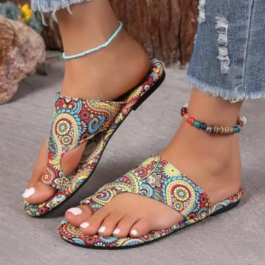 Imagem de Sandálias femininas de praia, estilo étnico, chinelos, sandálias de dedo deslizantes, salto plano, sapatos casuais, rasteiras, sola de borracha antiderrapante, Vermelho, 36