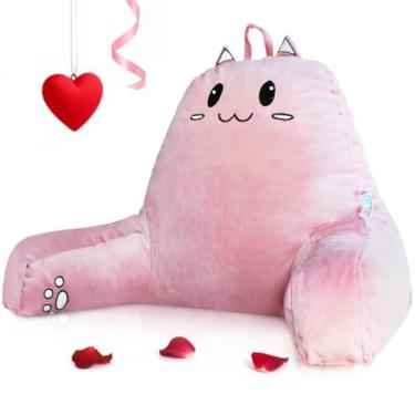 Imagem de Travesseiro de leitura Sunside - almofada de espuma de memória desfiada para encosto de cama macia e fofo desenho de gato com braços e suporte de bolso para ler, relaxar, assistir TV, jogos - perfeita para crianças/adolescentes