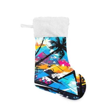 Imagem de ATTX Meias de Natal de palmeiras tropicais, suportes de presente brancos de pelúcia para decorações de festas de fim de ano (17,7 polegadas, 1 pacote) #164